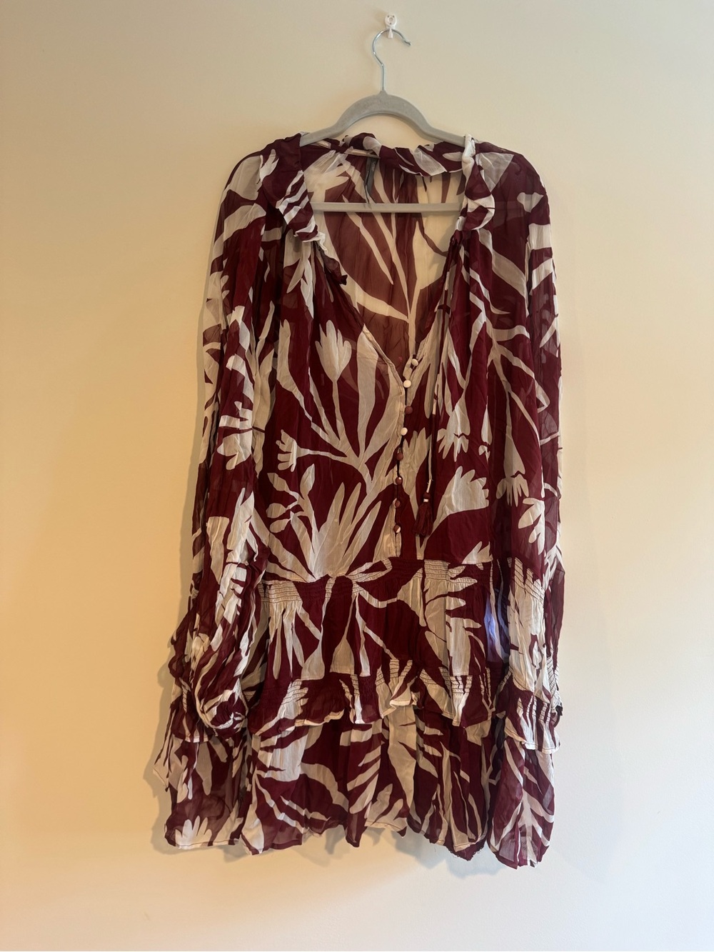 Anthropologie Burgundy and Cream Floral Tie‑Front V‑Neck Long Sleeve Dress